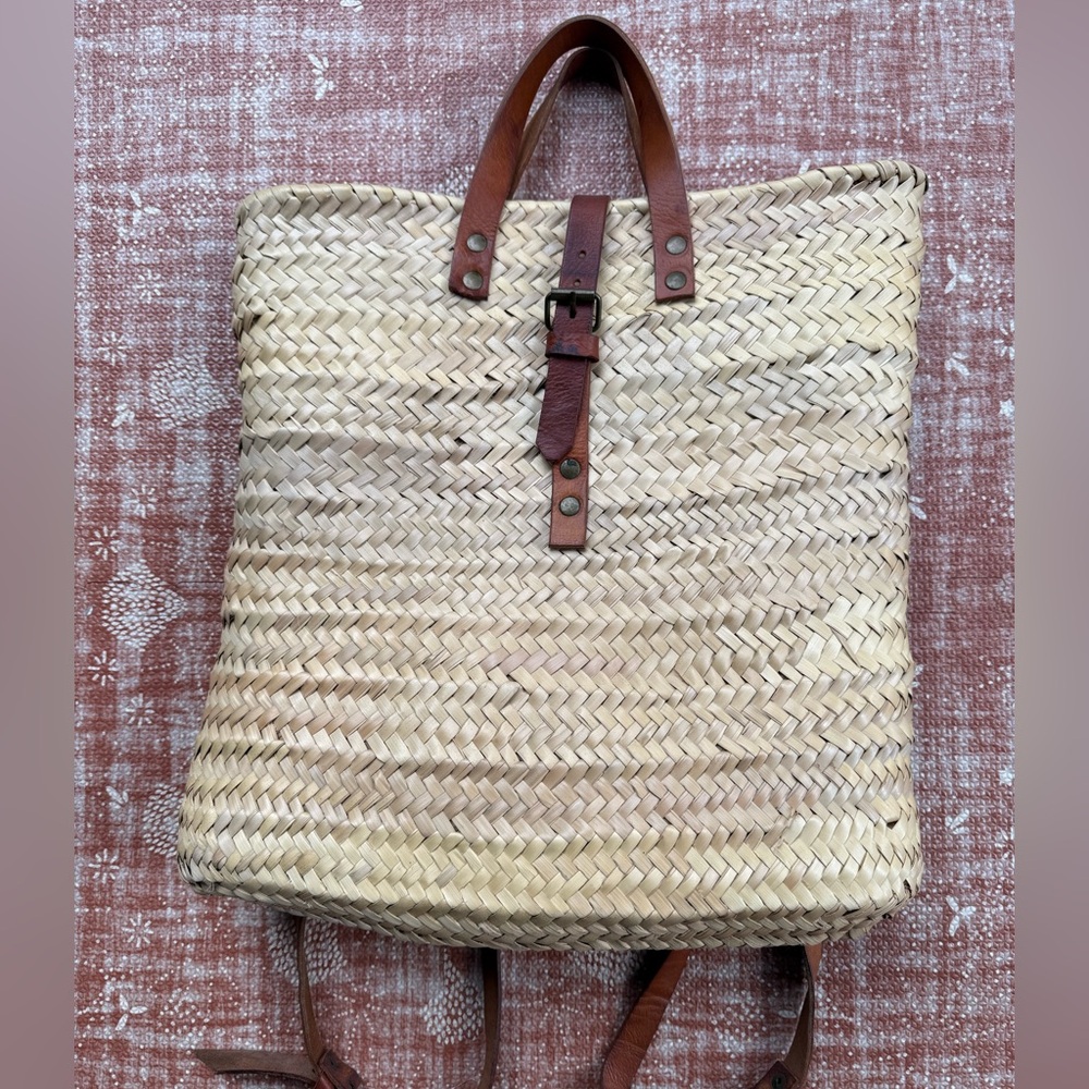 Moroccan Woven Straw Tote with Brown Leather Straps